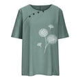thumbnail image 5 of Scyoekwg Summer Tops for Women Trendy Cotton Linen Short Sleeve T Shirts Casual Round Neck Button Dandelion Print Graphic Shirts Loose Fit Blouses Tunic (#C=Green,S), 5 of 6