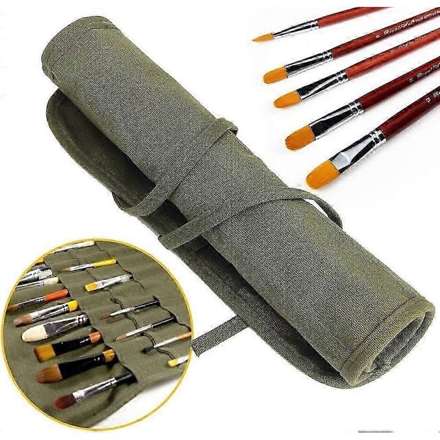 Brush Holder, 22 Slots Brush Storage Box for Watercolor Gouache Artist Brush Roll Canvas Bag, Army Green