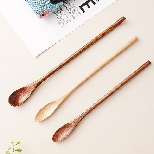 Cuchara de mango largo de 20 cm, cuchara de madera para café, leche, té, cuchara para mezclar, cuchara para miel, cuchara fina, estilo japonés y coreano