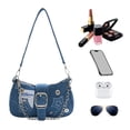 thumbnail image 3 of Bolso Axila Mano Con Bordado Estrellas Hombro Mezclilla Cadena Y2K () Azul, 3 of 9