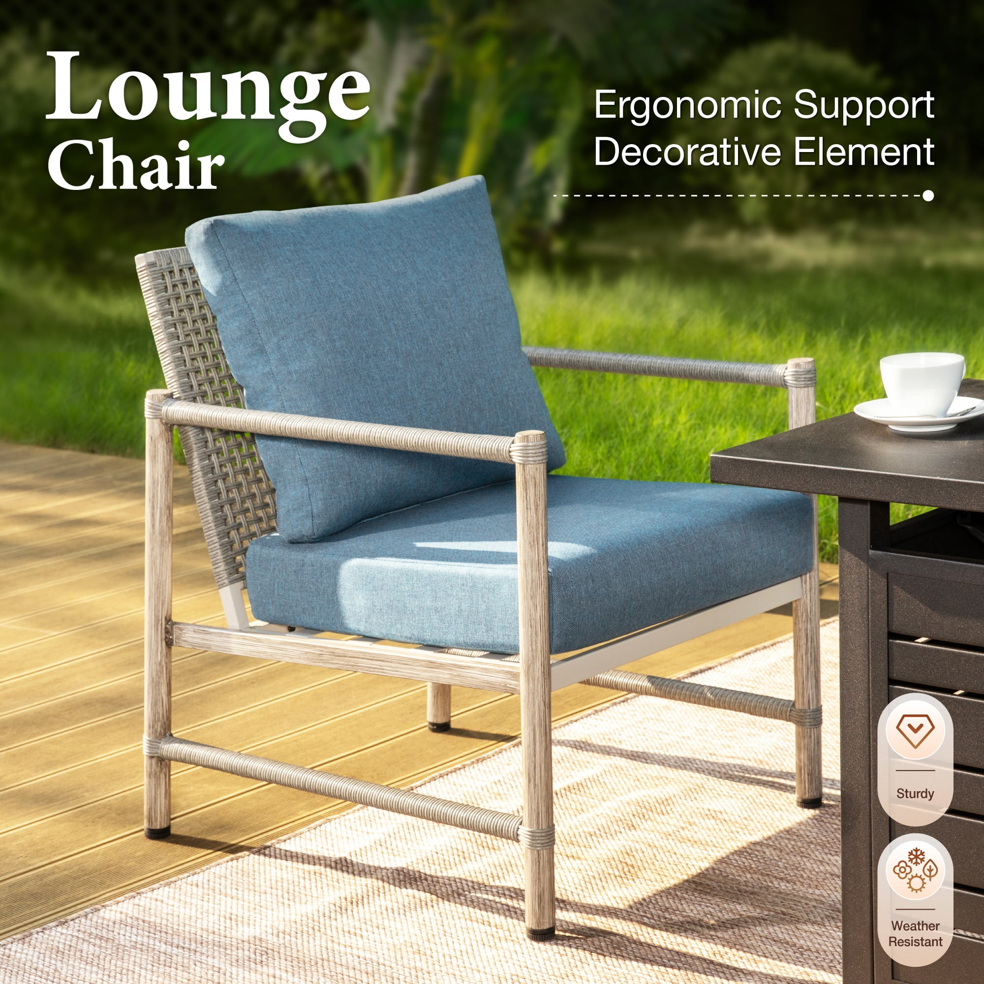 MF Studio 5-Seat Outdoor Patio Furniture Set with Wicker High Back Sofa, Wood-Grain Outdoor Conversation Set  for 5, Blue