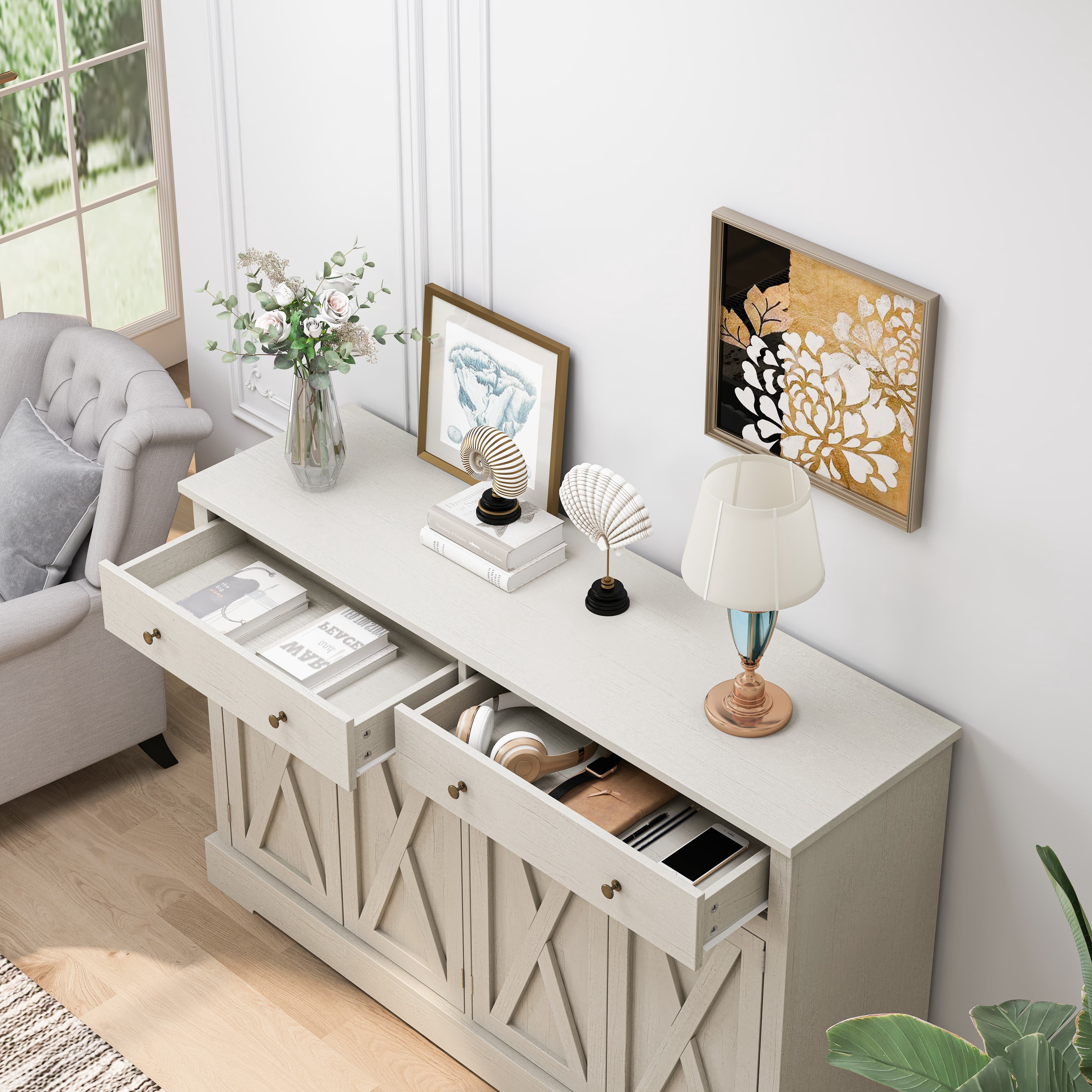 Aukfa 4 Doors Sideboard Buffet Cabinet with 2 Drawers for Living Rooms,Bedroom, White