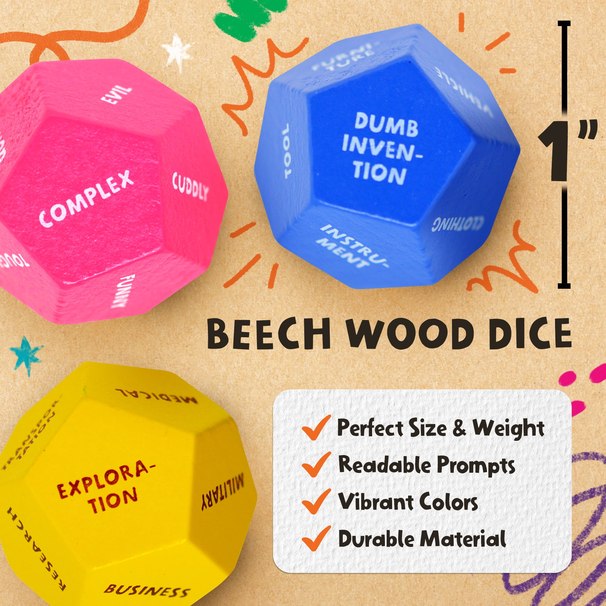 Insplore Art Dice – 12-Sided Wooden Dice with 120 Prompts to Help You Decide What to Draw or Paint – Creative Playbook with Games and Activities – Fun, Inspiring Gift for Artists of All Levels