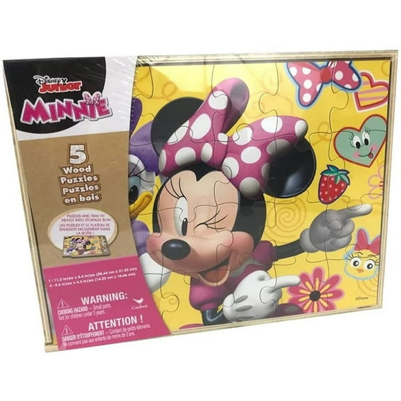 Disney Minnie Mouse 5 Wood Jigsaw Puzzles in Wood Storage Box