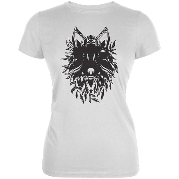 Black Wolf Line Art Juniors Soft T Shirt White SM