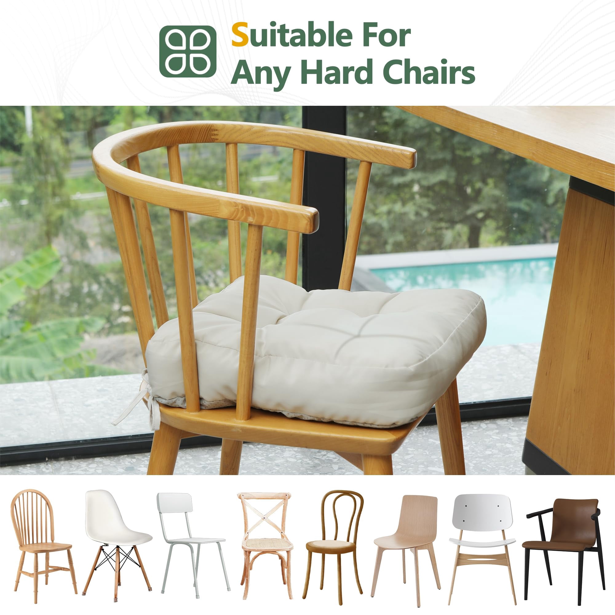 Chair Cushions for Dining Chairs Set of 2, 16.5" x 16.5" Tufted Memory Foam Seat Cushions, 3.5" Thick Olefin Fabric Kitchen Chair Pads with Ties & Non-Slip Backing, Beige