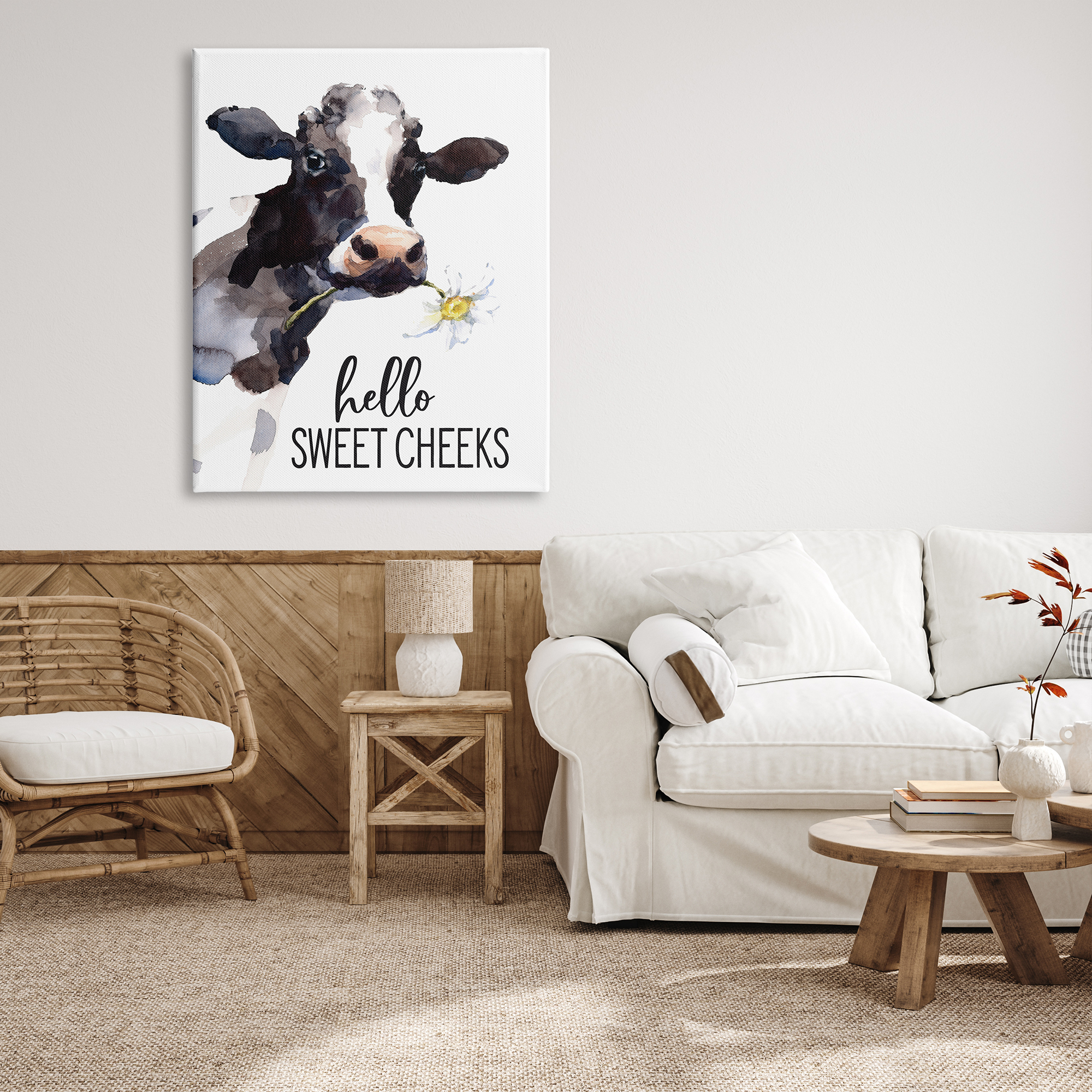 Stupell Industries Hello Sweet Cheeks Country Cow Cattle Holding Flower Graphic Art Gallery Wrapped Canvas Print Wall Art, Design by Lettered and Lined