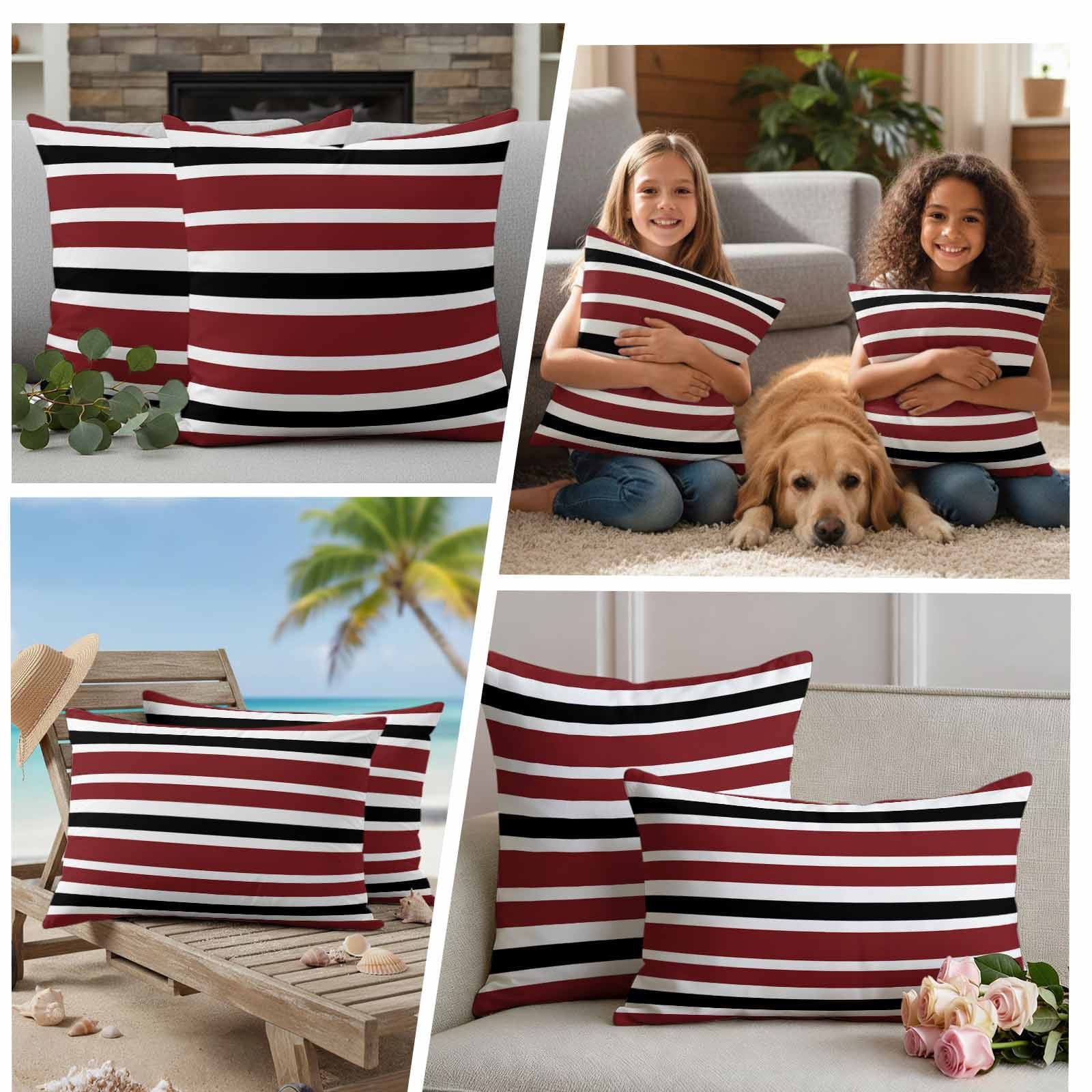 Outdoor Pillow Covers Vintage Burgundy Red Black White Stripes Waterproof Pillow Cases 18x18 Set of 2, Minimalist Line Throw Pillow Cover Pillowcase for Patio Balcony Couch Garden