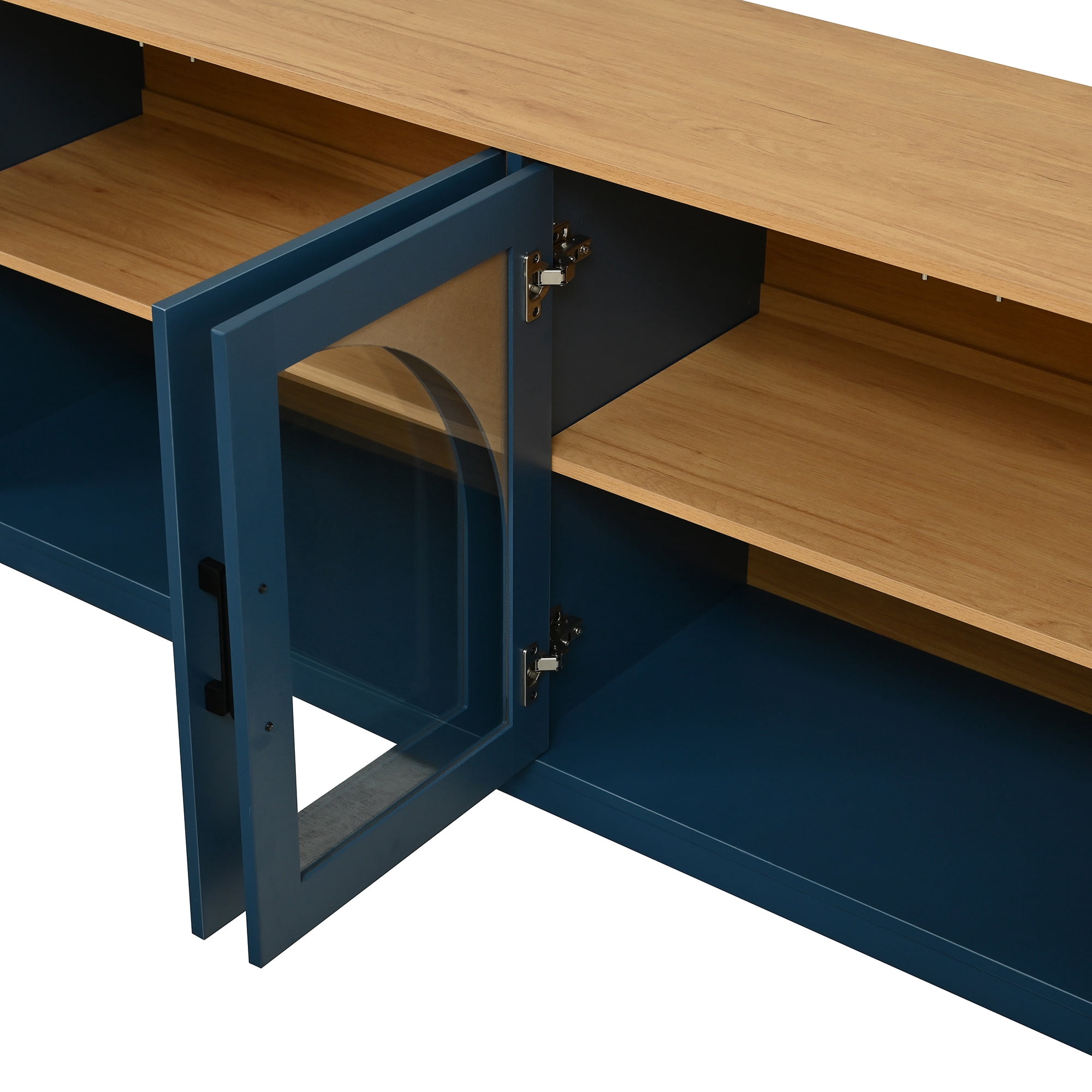 PORKISS Two-Tone TV Stand for 70", Vintage Media Console Cabinet with 4 Arched Tempered Glass Doors, Entertainment Center with Cable Management and Storage, Blue