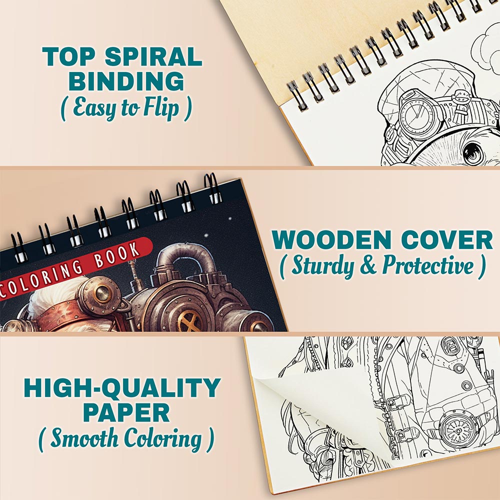 Netecom Steampunk Christmas Coloring Book Spiral Bound for Adults, A5 Wooden Cover, 30 Imaginative Coloring Pages of Vintage-Futuristic Santa Claus for Stress Relief and Relaxation