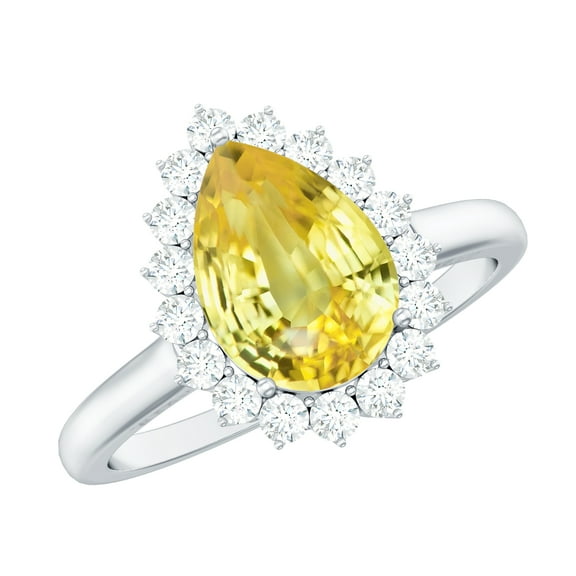 Rosec Jewels Lab Grown Yellow Sapphire Pear Shaped Engagement Ring with Halo - Yellow Sapphire Diamond Ring - AAAA Quality, 925 Sterling Silver, US 4.00