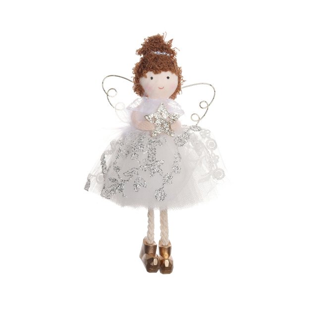 Xmas Tree Angel Ornaments Pink Girl with Dress Wing Standing Tree Top Angel Sparkle Plush Doll Pendant for Tree Decoration