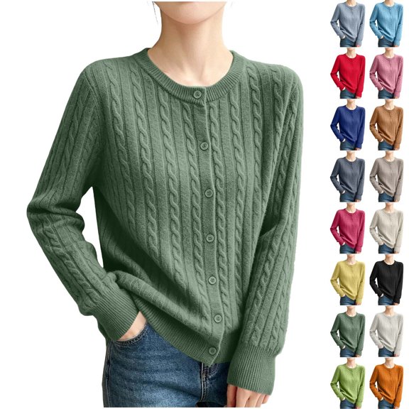 Women's Crew Neck Cable Knit Cardigan, Long Sleeve Button Front Loose Casual Sweater,Army Green,Women's Plus Size L