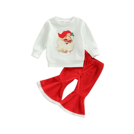 

0-4Y Christmas Baby Girls 2pcs Clothes Sets Santa Claus Printed Long Sleeve Sweatshirt Tops Velvet Flare Pants