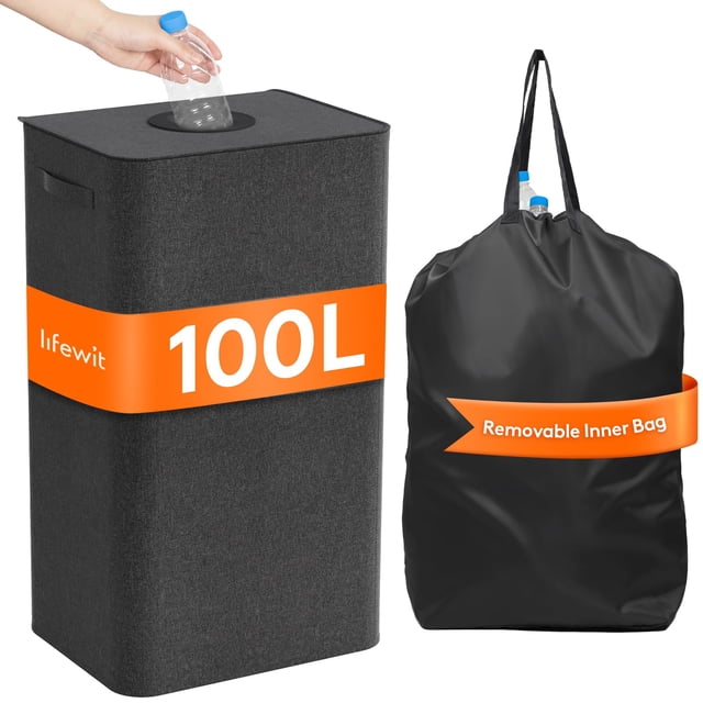 Lifewit 100L Recycling Bin for Kitchen, Large 26 Gallon Recycle Bin with Lid and Reusable Inner Bag, Tall Indoor Home Storage Can for Bottle Can Plas