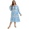 thumbnail image 2 of Xmarks Womens Nightgowns Long Sleeve Lounger House Dress Soft Floral Nightdress Blue US 12, 2 of 7
