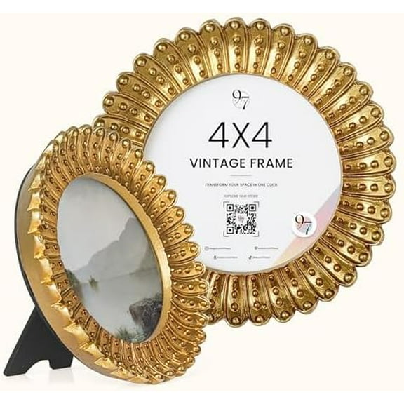 Mini 4x4 Round Picture Frame - Circle 4x4 Picture Frame Gold, Small Gold Frames 4 Inch For Wall Hanging Antique Home Decor