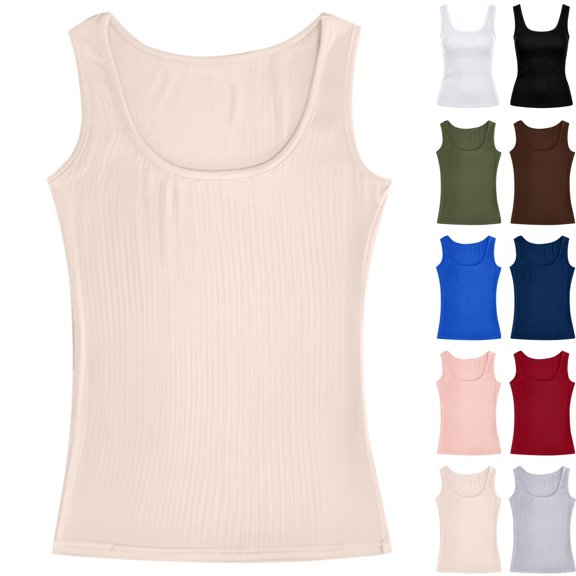 Bmisegm Womens Tank Tops Casual Ribbed Square Neck Sleeveless Regular Fit Solid Color Regular Vest Womens Tops Beige L