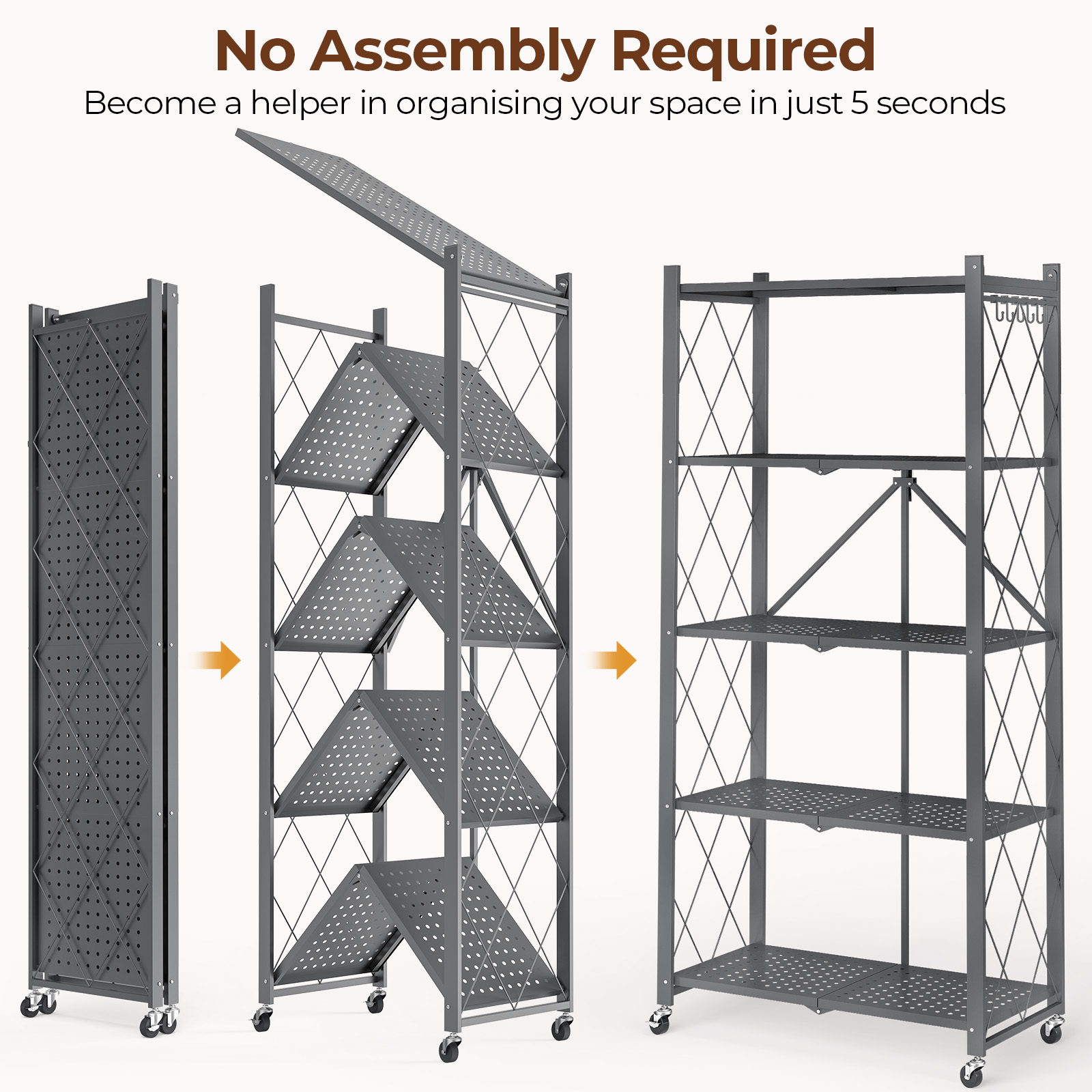 Vebreda 5-Tier Foldable Metal Storage Shelf with Wheels, No-Assembly Collapsible Shelving Unit, Heavy-Duty Rolling Organizer Rack for Kitchen, Garage, Pantry, and Office