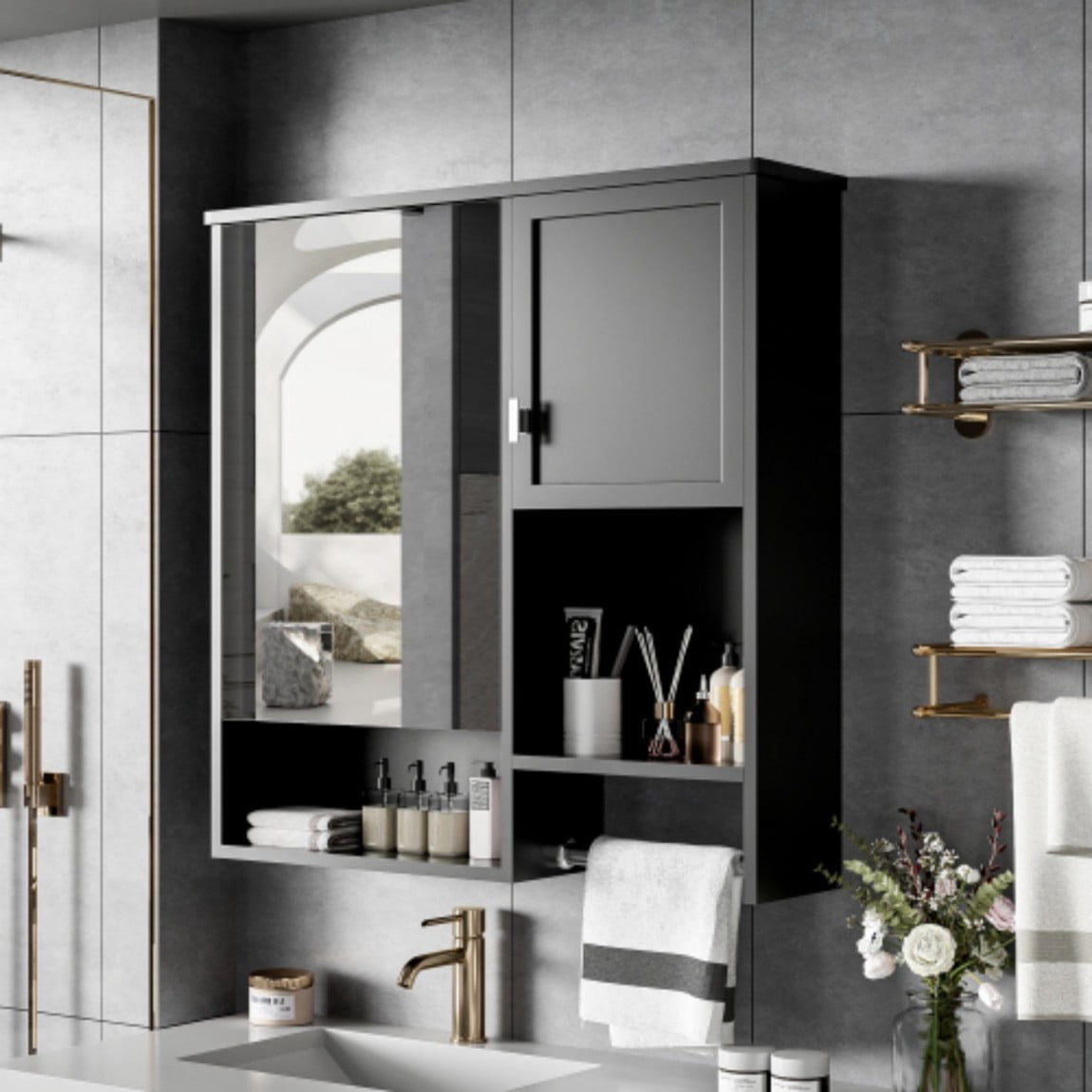 29"x 28" Modern Wall Mounted Bathroom Medicine Cabinet with Mirror, Over The Toilet Storage Cabinet, Adjustable Shelf Bathroom Wall Cabinet with Towel Bar, Black