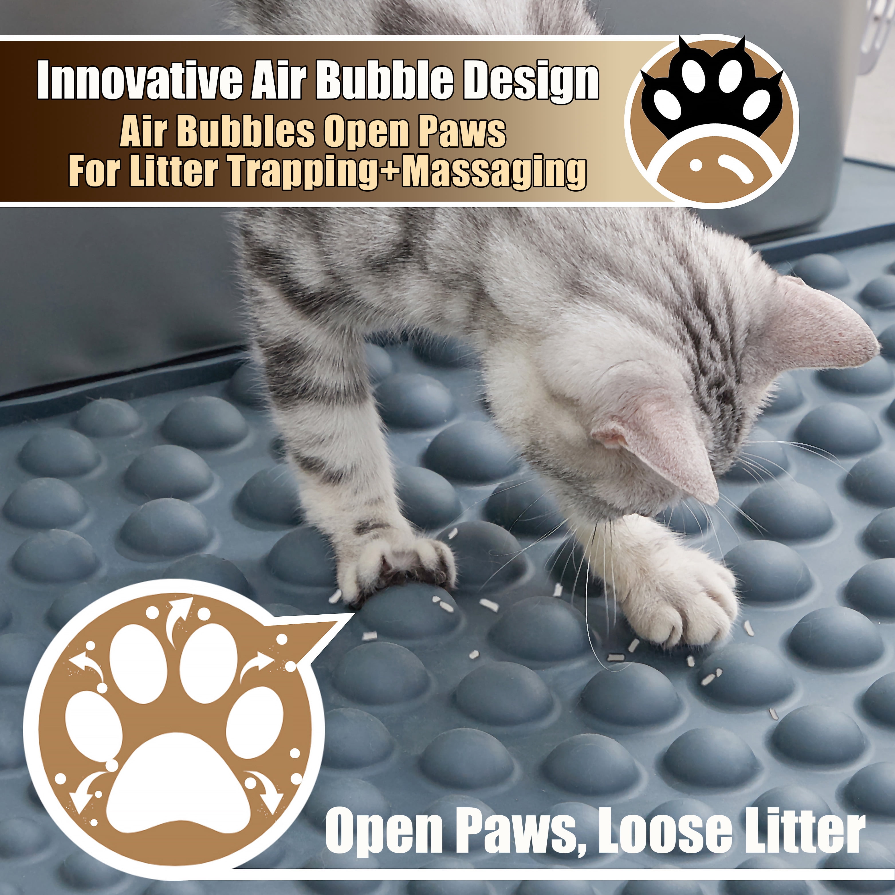 Petpals Air Bubble Cat Paw Scrub Litter Mat,32" Round Cat Litter Trapping Mat, for Double Litter Boxes, Grey