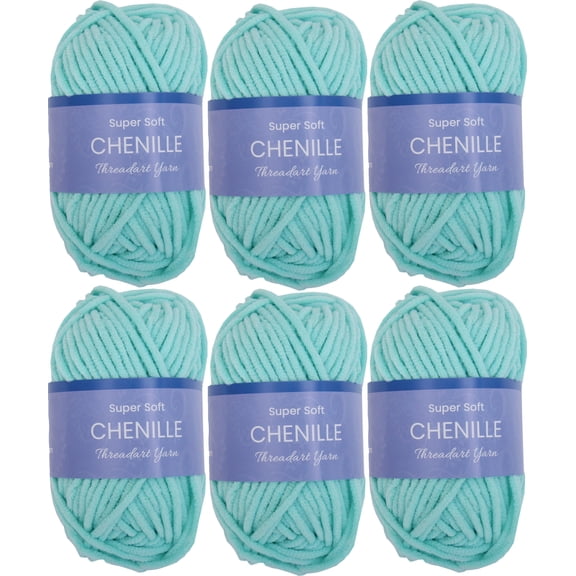 6 Pack ThreadArt Chenille Yarn for Crocheting, Knitting, Amigurumi, Super Soft Plush Velvet Yarn - 50 Gram 60 yds #5 Fluffy Yarn Skeins - Light Aqua
