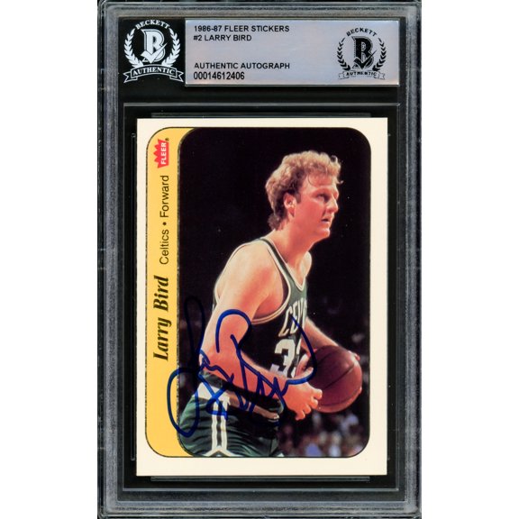 Larry Bird Autographed 1986-87 Fleer Sticker Card #2 Boston Celtics Beckett BAS #14612406