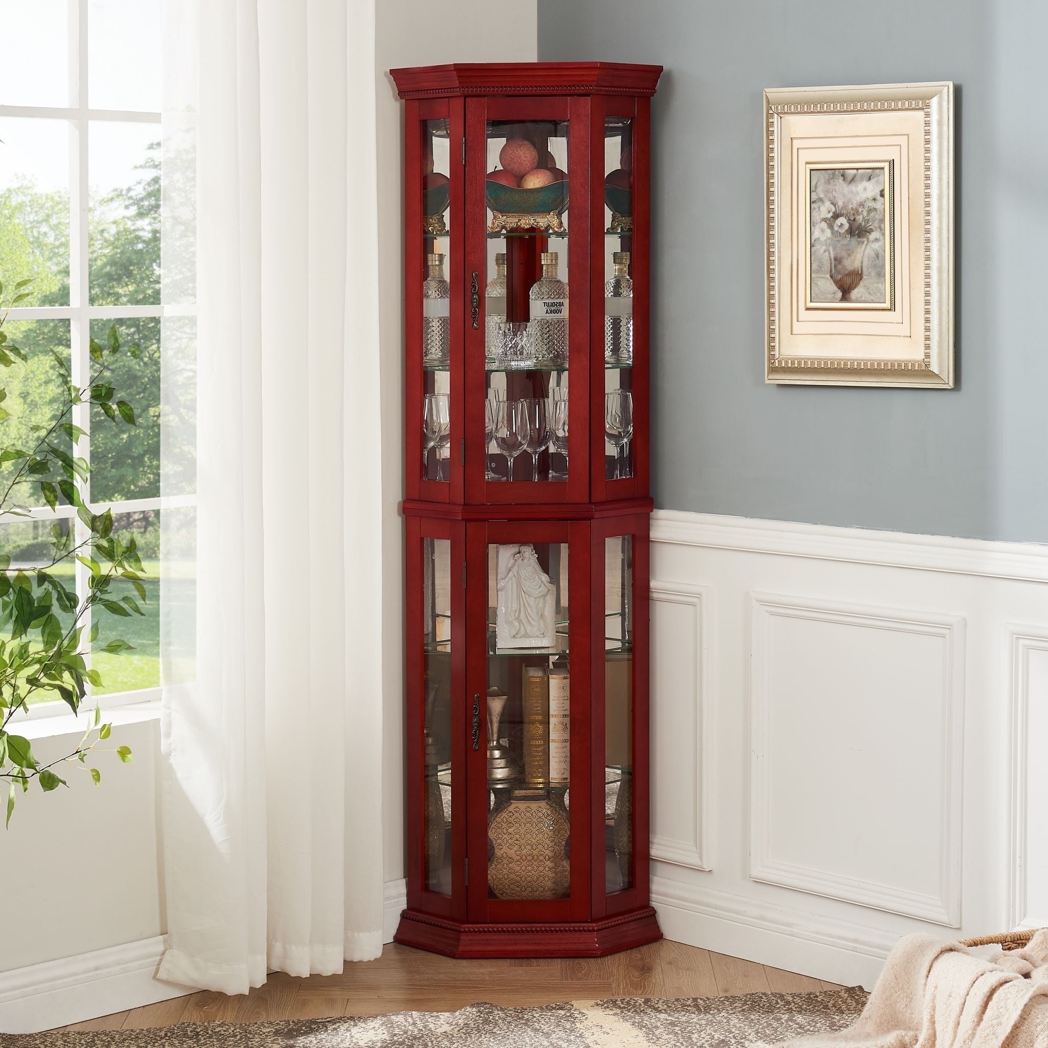 CKEASEAN Curio Cabinet 69" Lighted Glass Corner Cabinet, Vintage Display Cabinet with Adjustable Shelves