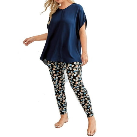 

Casual Floral V neck Pant Sets Multicolor Short Sleeve Plus Size Pajama Sets M