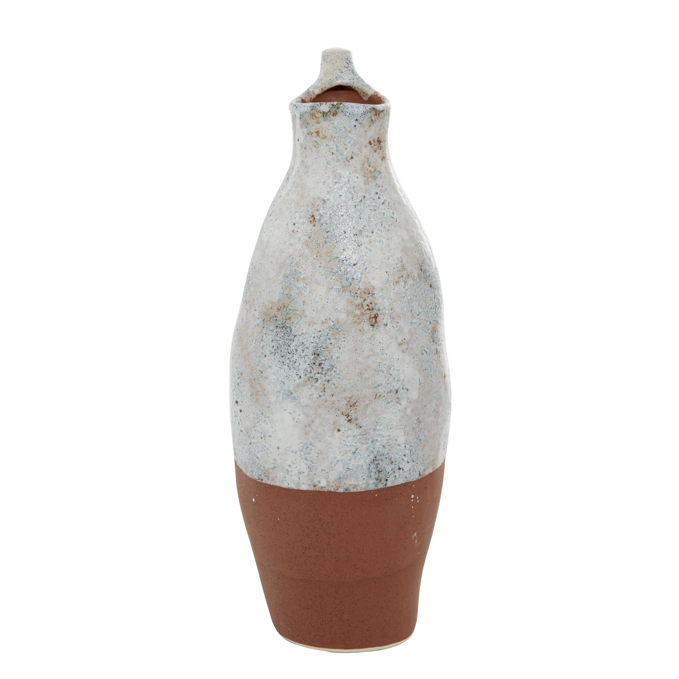 DecMode 14" Handmade White Ceramic Vase with Terracotta Accents
