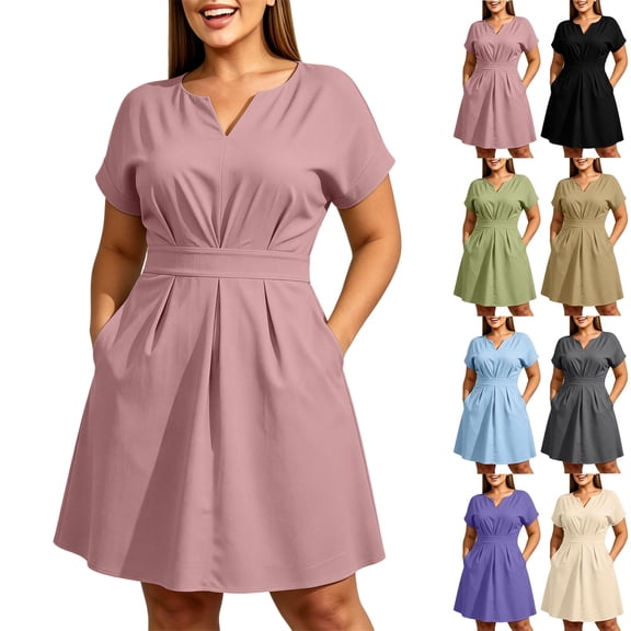 Summer Dress for Women Plus Size 100% Cotton Notch V Neck Short Sleeve Pleated A Line Knee-Length Dress with Pockets