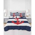 thumbnail image 3 of Navy Blue Stripe Nautical Queen Size Down Alternative Comforter, Lightweight Comforter Quilt Bedding Set with Pillow Shams Red Anchor Summer Coastal All Seasons Bed Comforter Duvet Insert 90"x96", 3 of 7