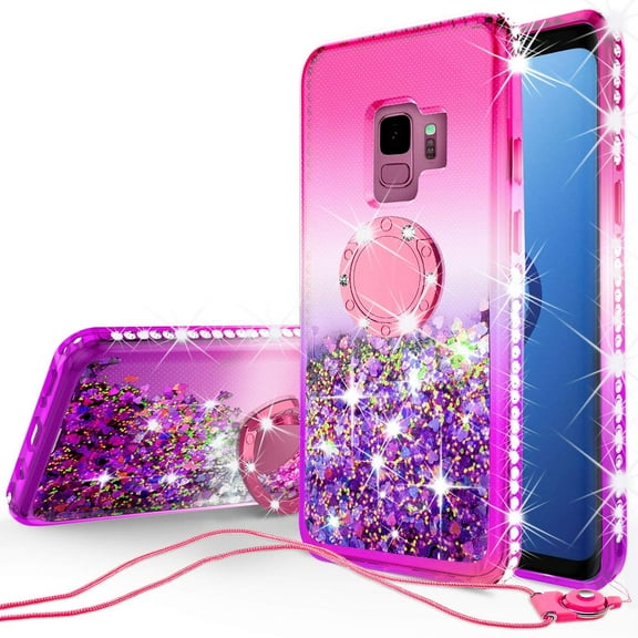 SOGA Rhinestone Glitter Bling Liquid Floating Cute Phone Case Compatible for Samsung Galaxy S9 Plus Case with Embedded Metal Ring for Magnetic Car Mounts and Lanyard Diamond Bumper - Pink on Purple