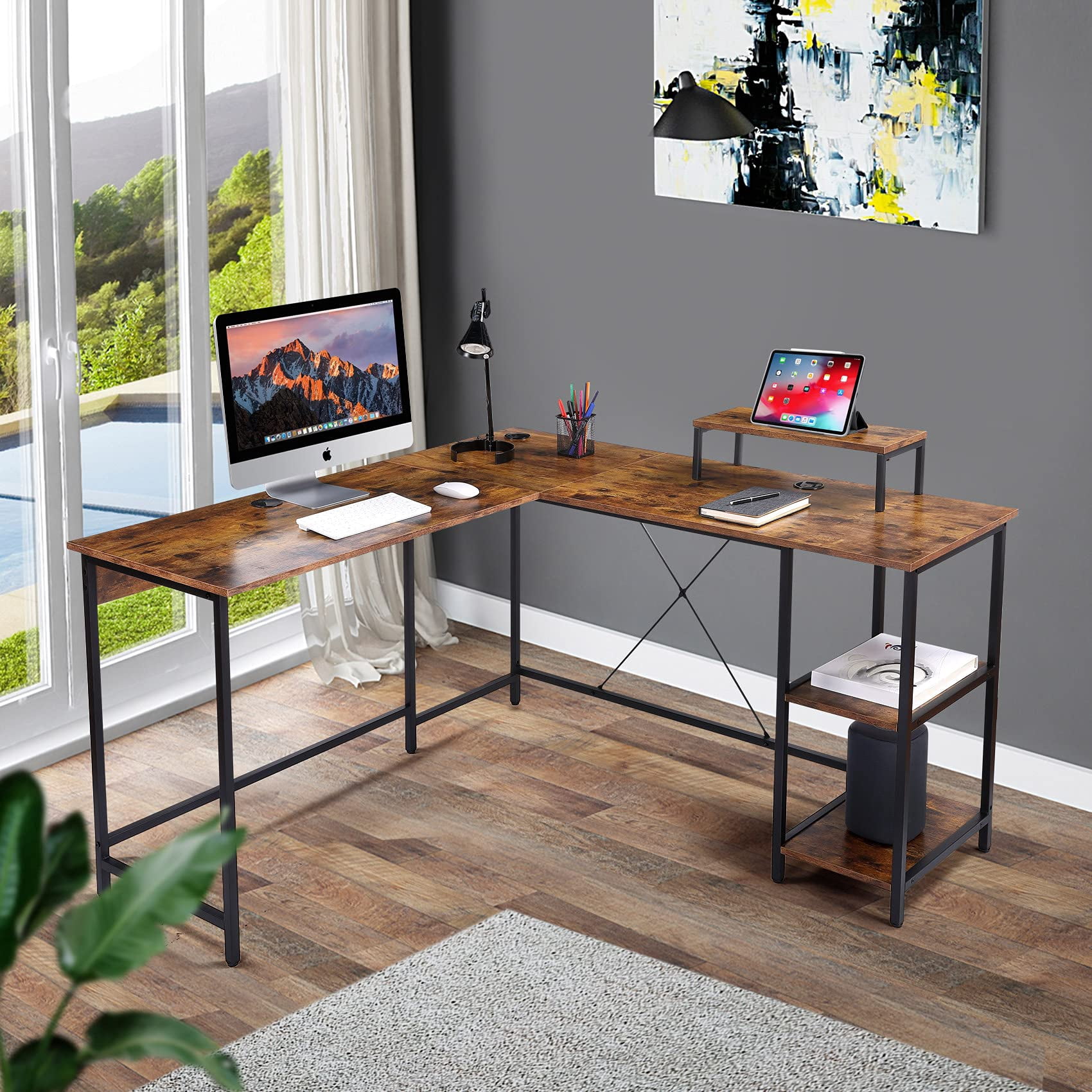UNICOO® L Shaped Computer Desk, Modern Corner Computer Desks with CPU Stand, L Shaped Game Table with Storage Shelves, Study Writing Desk (SYK-03-L-RB) Rustic Brown