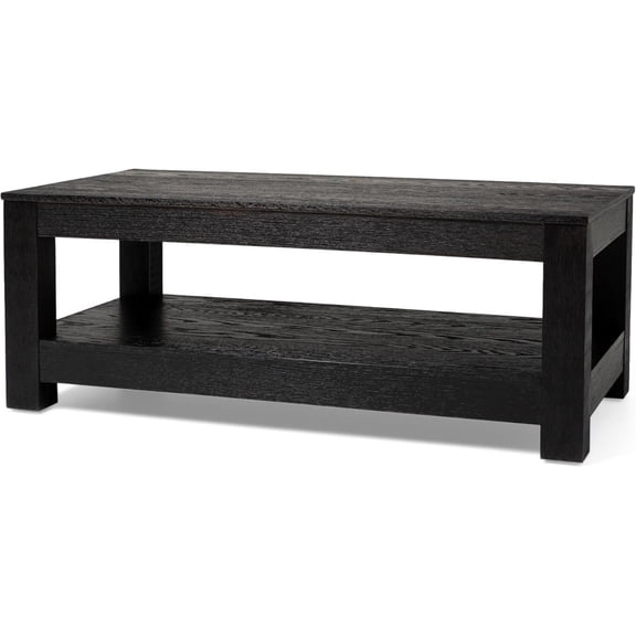 Maven Lane Paulo Large 2 Tier Rustic Rectangle Wooden Center Coffee Table with Shelf Storage for Living Room in Weathered Black Finish