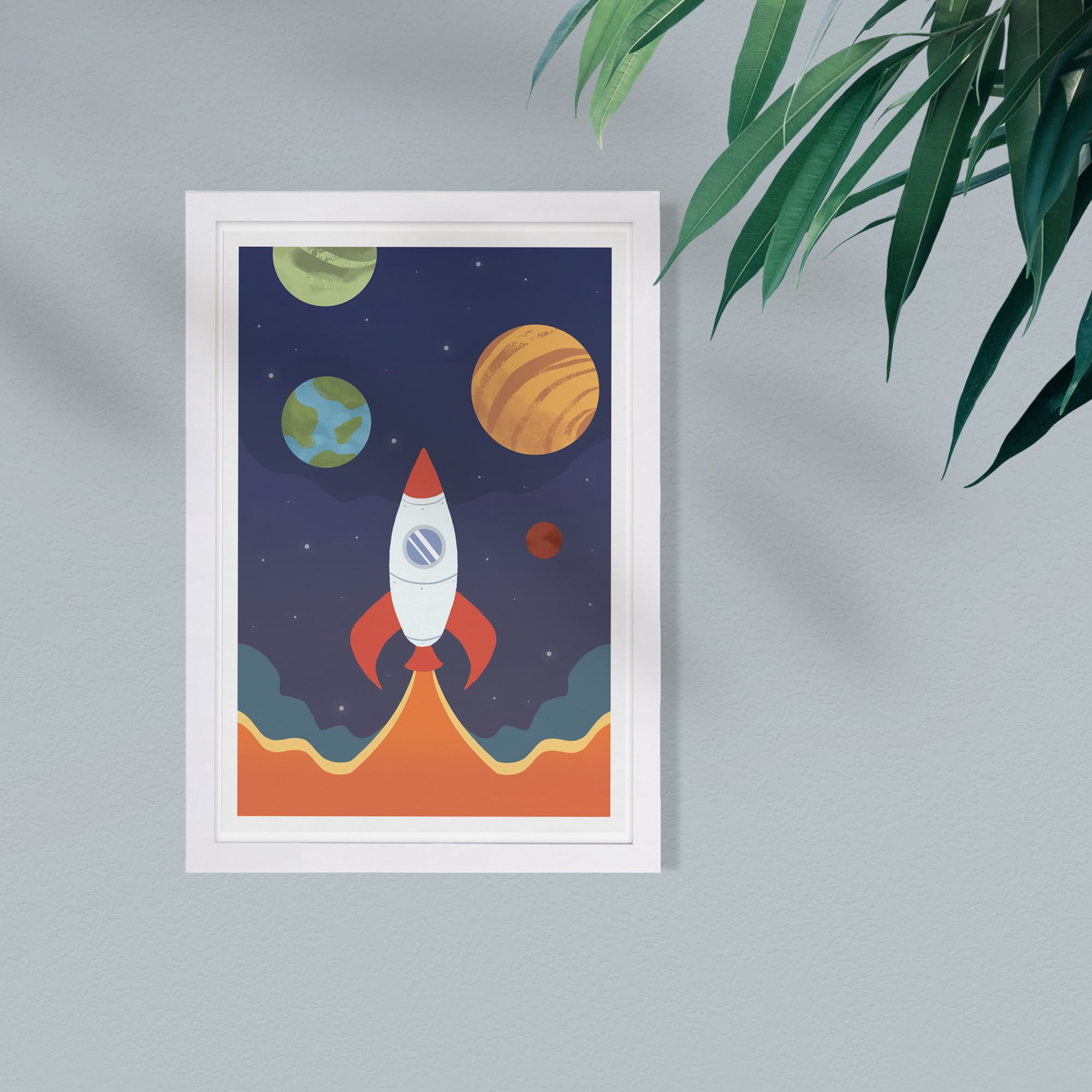 Wynwood Studio Astronomy and Space Framed Wall Art Prints 'Space Launch' Rockets Home Décor - Blue, Orange, 13" x 19"