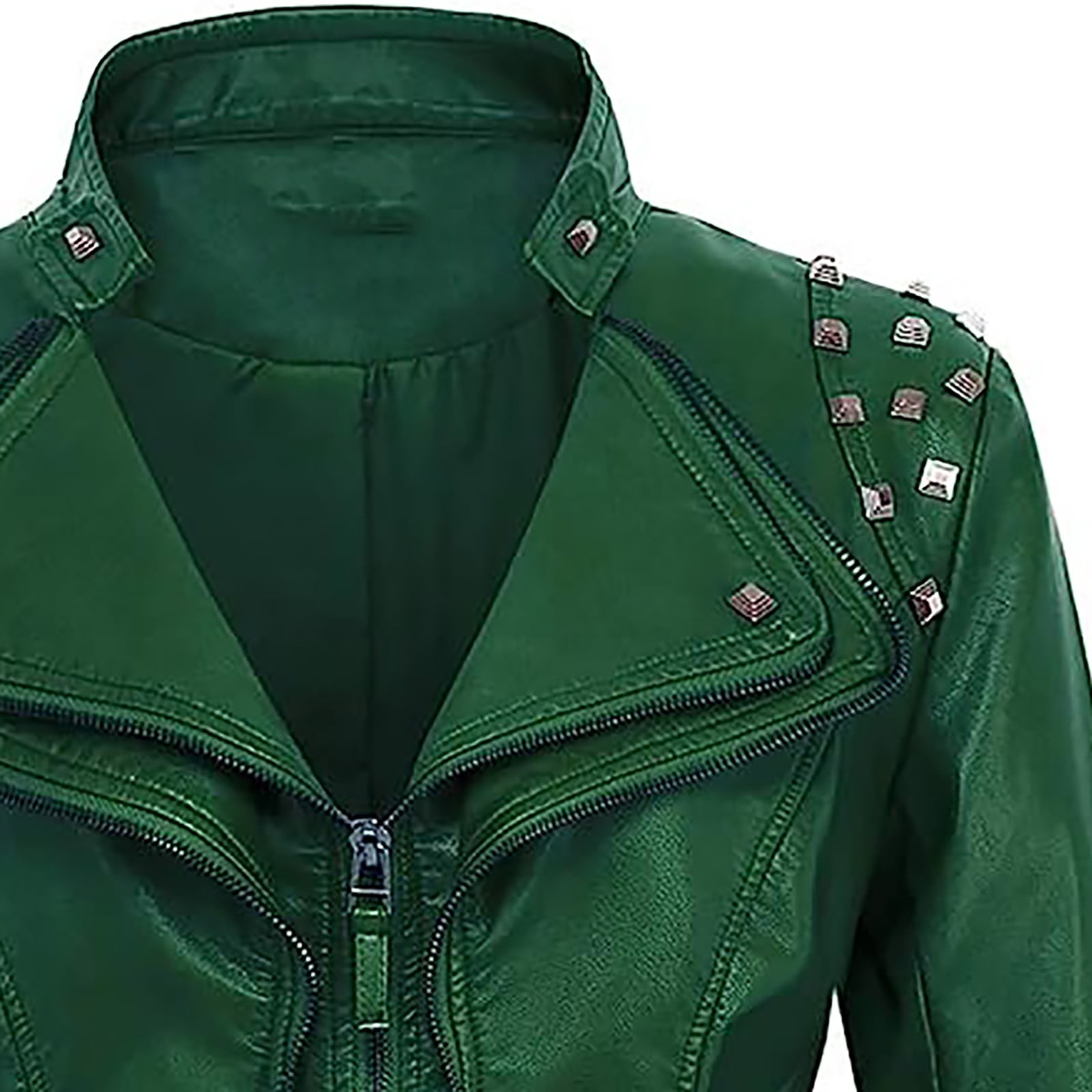 Feancey Womens Faux Leather Biker Jacket Slim Fit Fashion Studded Moto Coats Full Zip Lightweight Windbreaker Outerwear with Pockets Green L