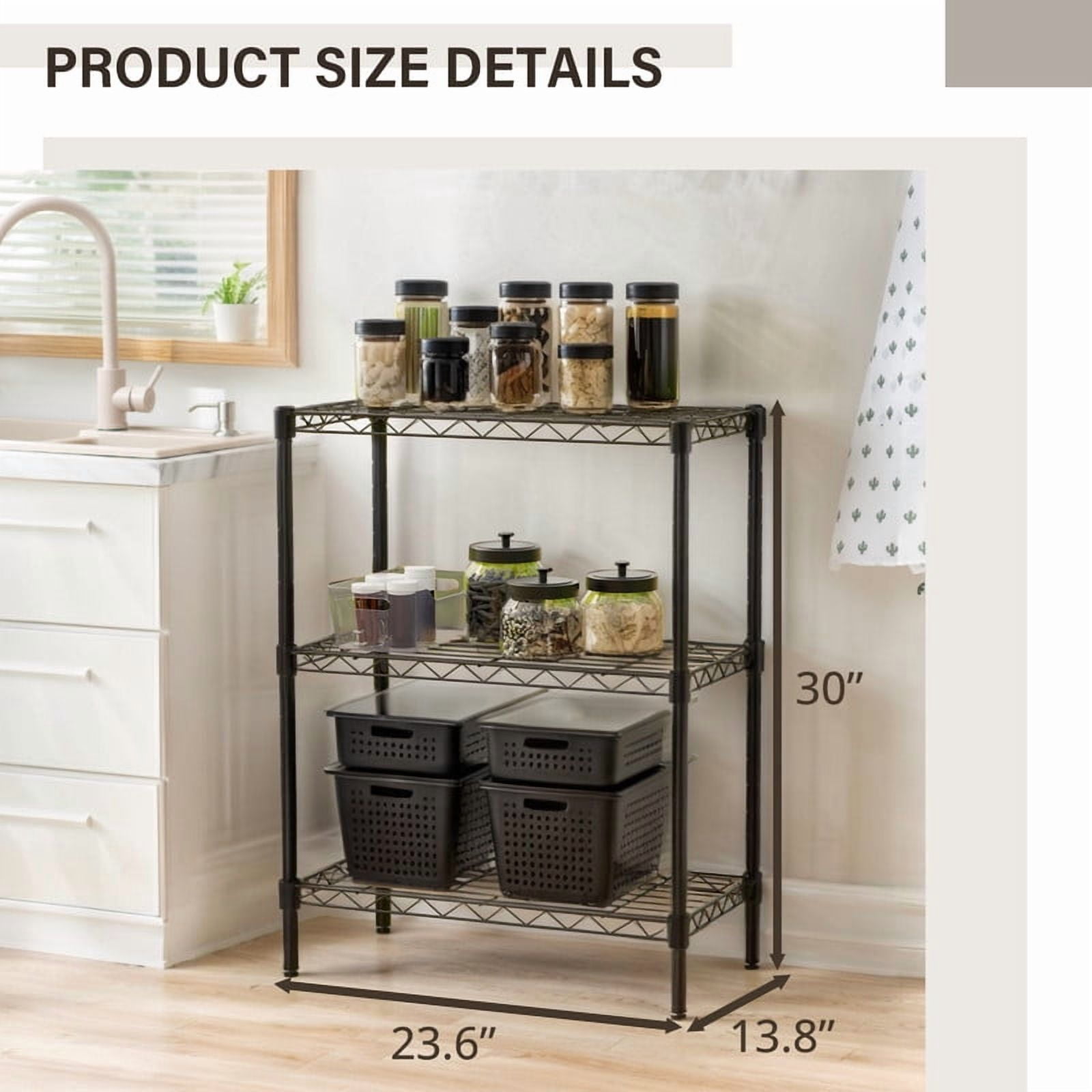 3-Tier Shelving Unit, Heavy Duty Metal Wide Storage, Adjustable Standing Wire Rack Storage Shelf for Kitchen, Pantry, Garage, Laundry, 13.8" D x 23.6" W x 30" H