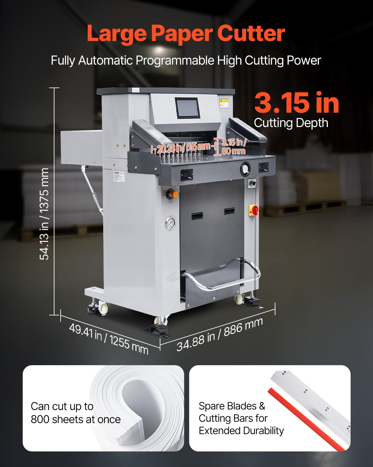 VEVOR Electric Hydraulic Paper Cutter, 2500W Heavy Duty Paper Cutter Machine 20.2 in/515 mm Cutting Width, 3.1 in/80 mm Cutting Thickness