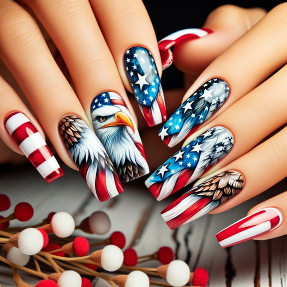 24 Pieces Independence Day Nail Art Set With Stripes Flag And Stars Design Press on Nail For Patriotic Celebrations