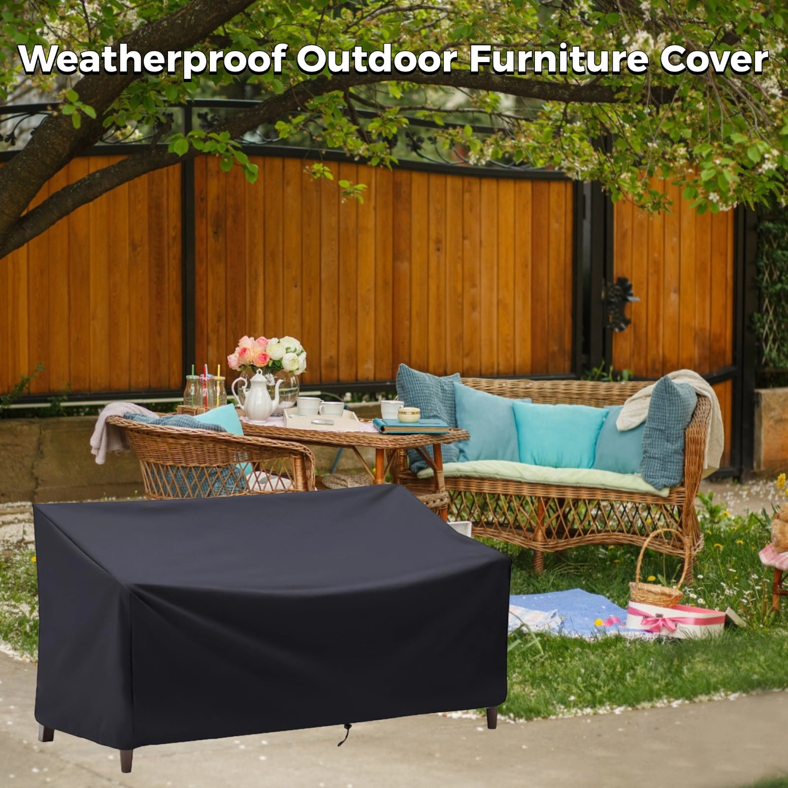Heavy Duty 600D Outdoor Bench Cover for 3-Seater – Waterproof & UV Resistant Patio Furniture Cover with Air Vents, Windproof Straps & Storage Bag, 64.2" x 26" x 35", Black