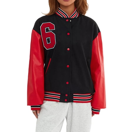 Mubineo Women Baseball Jacket Number Printed Fall Casual Leather Sleeve Button Bomber Jacket Streetwear