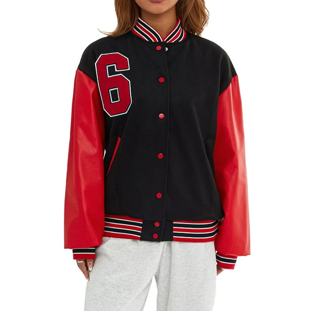 Liacowi Women Juniors Oversized Baseball Jacket Letters Print Button Bomber Jacket Long Sleeve Leather Parchwork Outwear Streetwear for Teen
