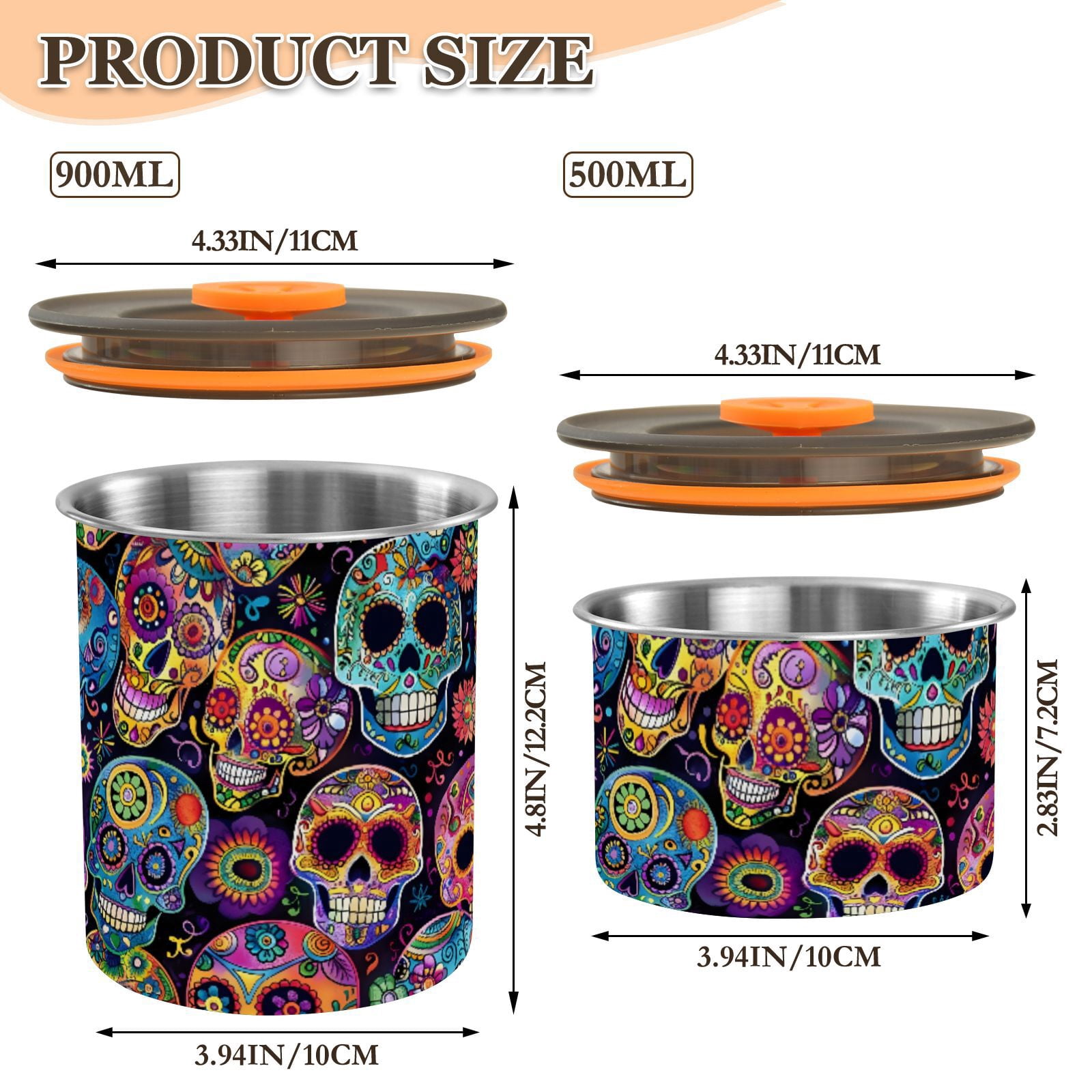 Sugar Skulls Day Of Dead Airtight Coffee Bean Canister 30oz Food Storage Containers with Lids For Gournd, Tea, Sugar, Flour, Rice, Cereal, Candy Cookie Jar
