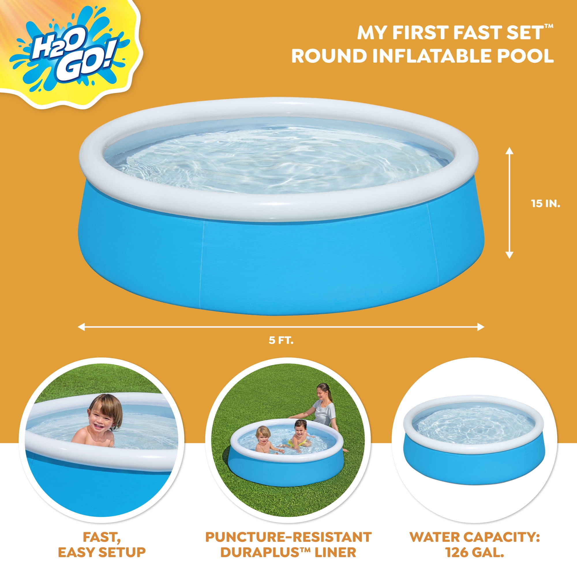 H2OGO! 5' x 15" Inch My First Fast Set Inflatable Ring Kiddie Swimming Pool