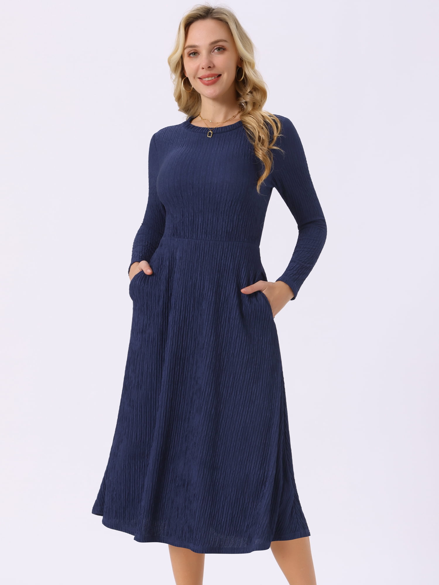 DARING DIVA Long Sleeve Crew Neck Knit A-Line Midi Dress L Dark Blue