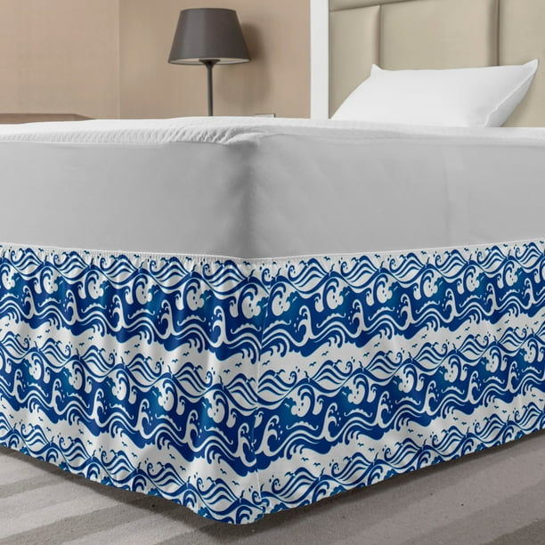 Blue And White Bed Skirt Stormy Ocean With Swirling Waves And Flying Seagulls In Abstract Style