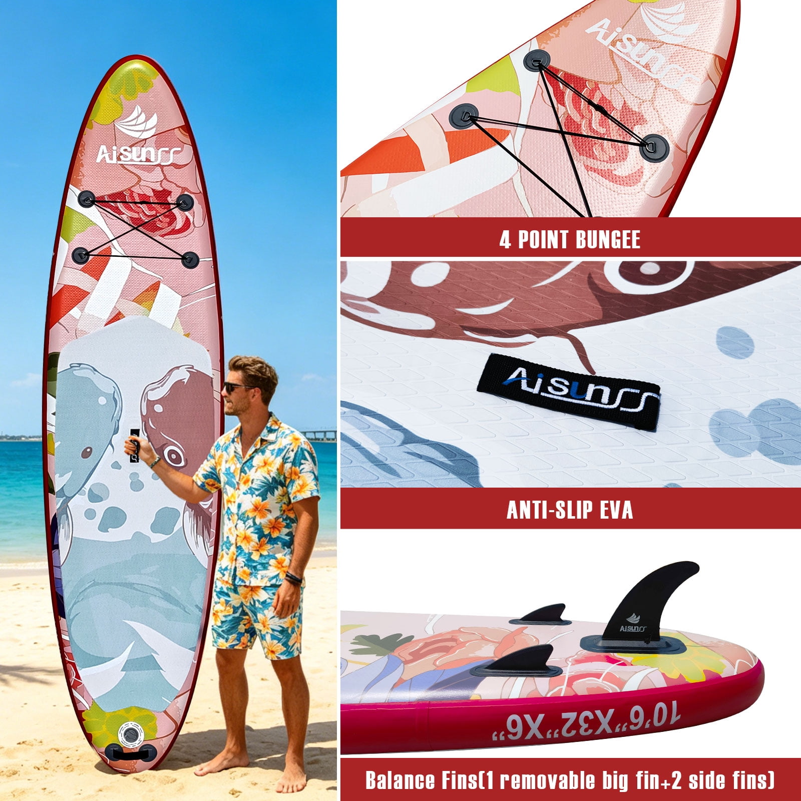 AISUNSS 10.6ft Inflatable Stand up Paddle Board, Non-Slip Deck, Complete SUP Accessories, Lightweight, for Adults and Beginners