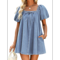 thumbnail image 2 of Robe pour Femmes, Robe en Jean à Manches Courtes Bouffantes Col Carré Combinaison en Denim avec Poches Bleu Pâle S, 2 of 7