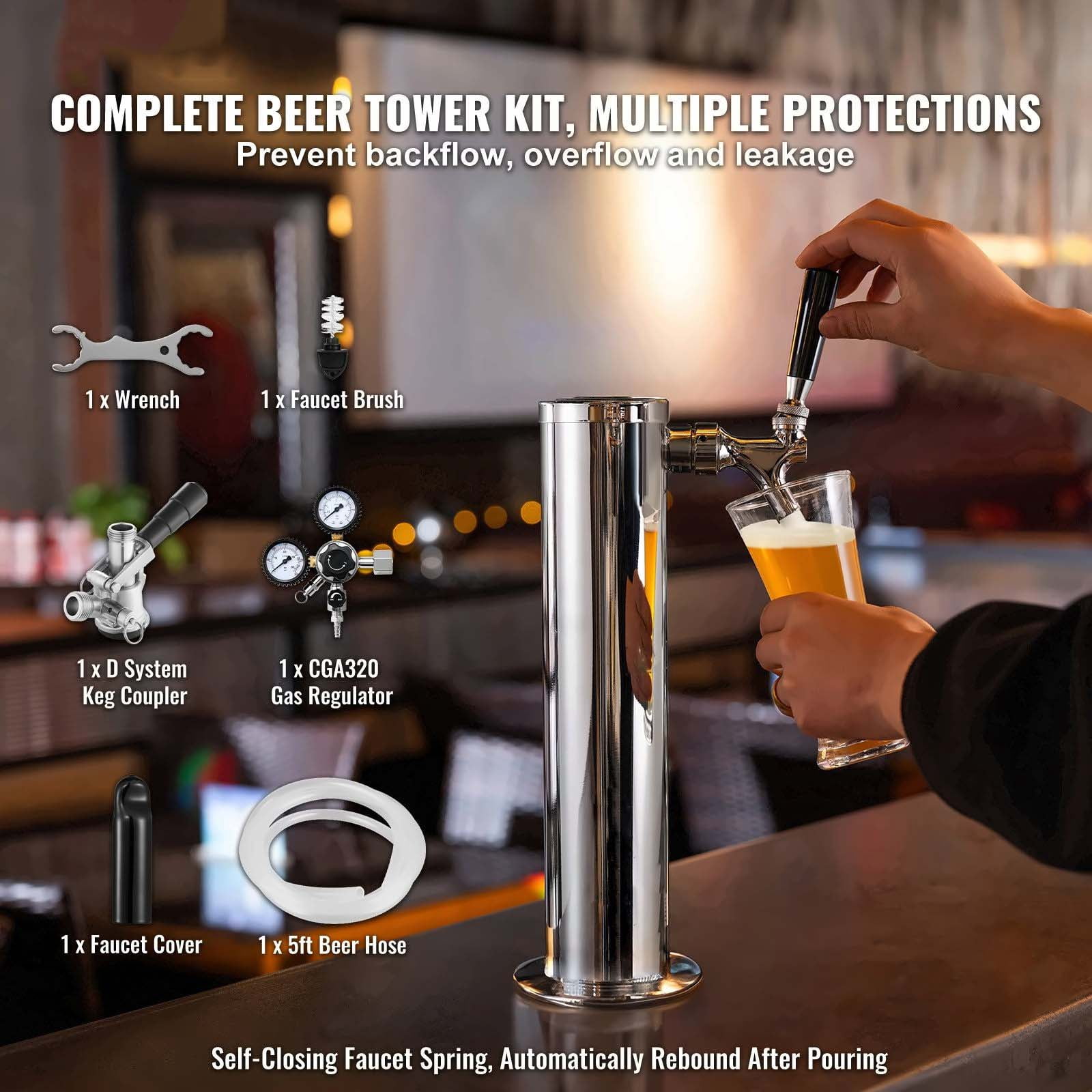 Kegerator Tower Kit, Single Tap Beer Dispenser - Stainless Steel, CGA320 Regulator, D-System Coupler, Home Bar & Party
